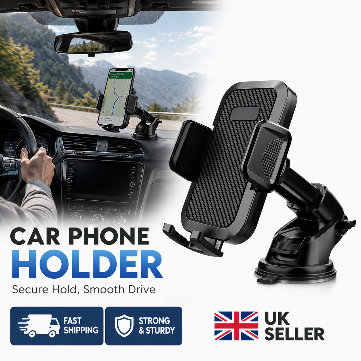 Universal Car Phone Holder – Adjustable Dashboard & Windshield Phone Mount with Strong Suction Cup
