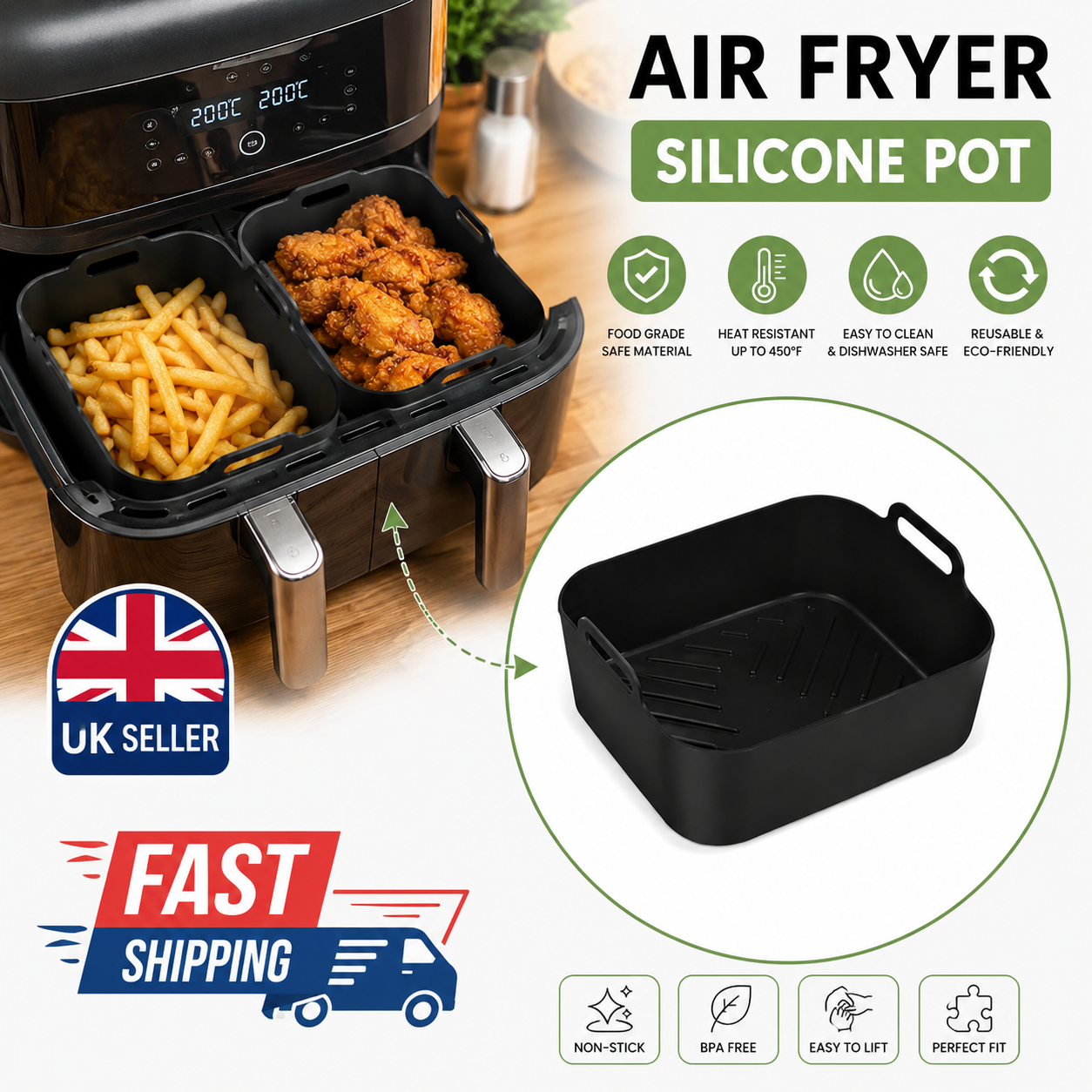 Reusable Silicone Air Fryer Pot – Non-Stick Food Grade Air Fryer Basket Liner, BPA-Free & Dishwasher Safe