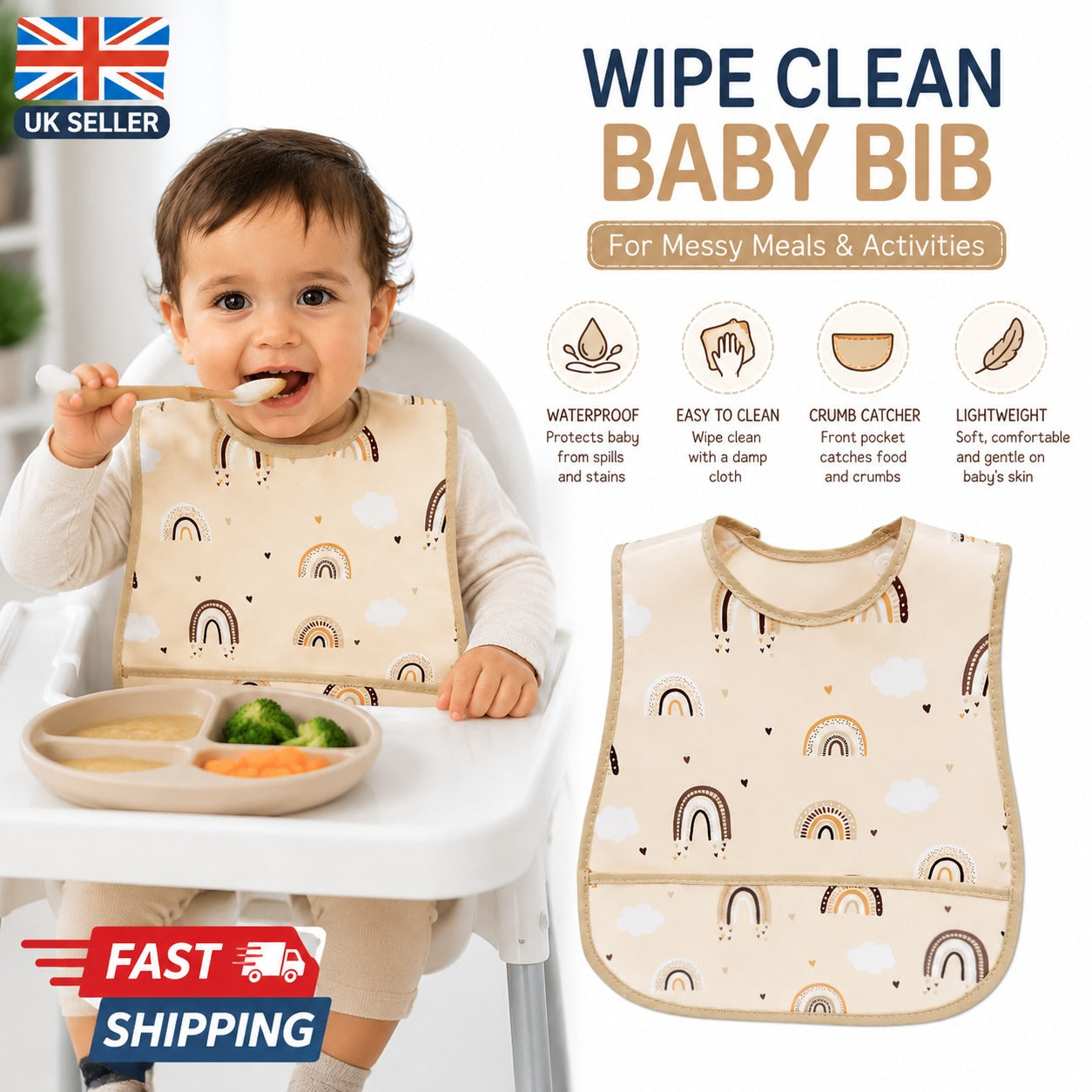 Wipe Clean Baby Bib – Waterproof & Lightweight for Messy Meals