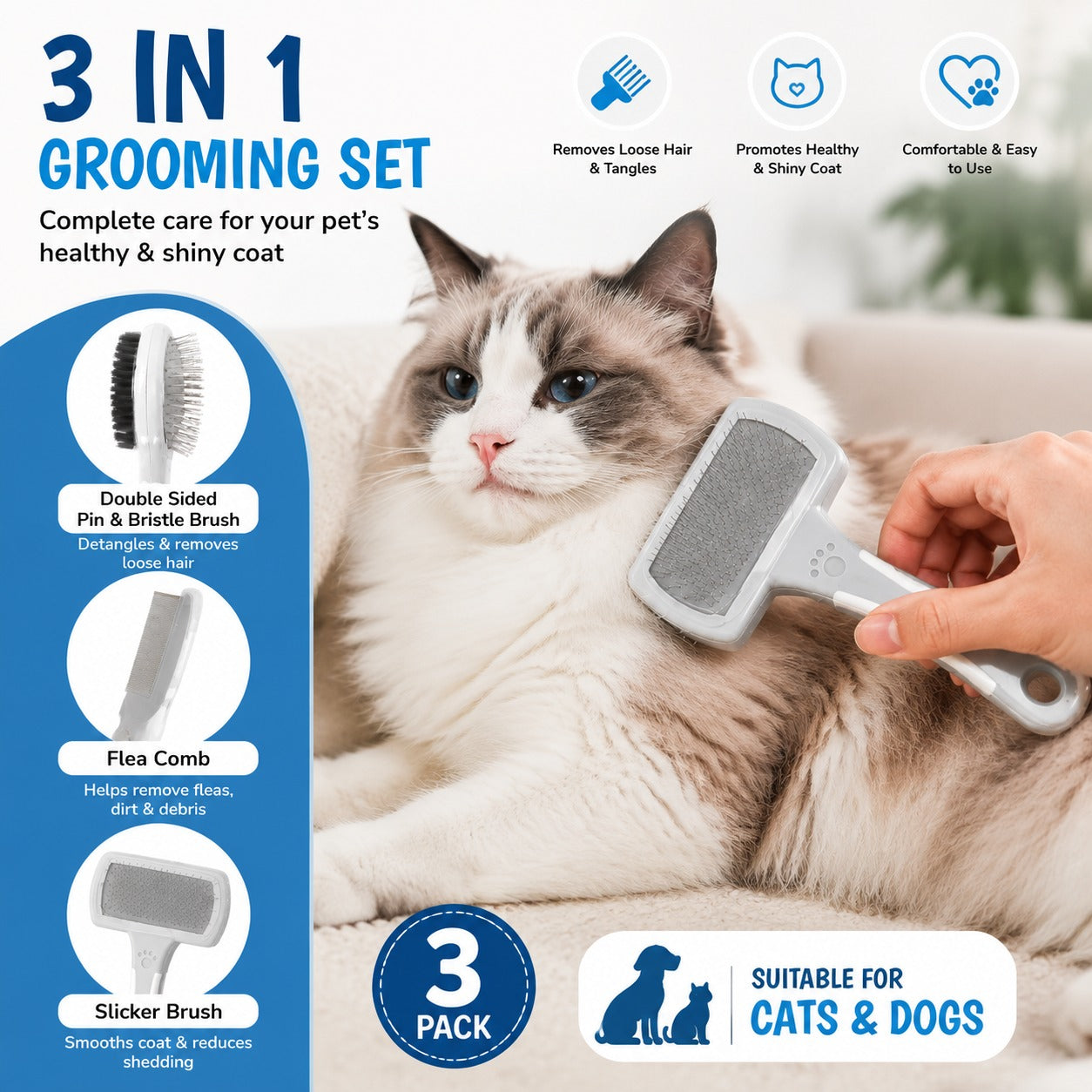 3-in-1 Pet Grooming Set – Pin & Bristle Brush, Flea Comb & Slicker Brush